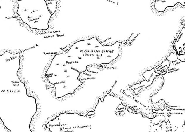 This map of Pearl Harbor shows Mokuumeume as "Ford Island"