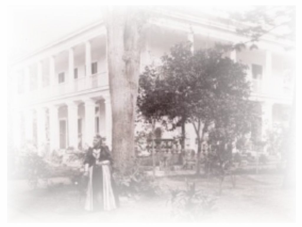 Queen Liliuokalani in front of her home, Washington Place. Undated photo.