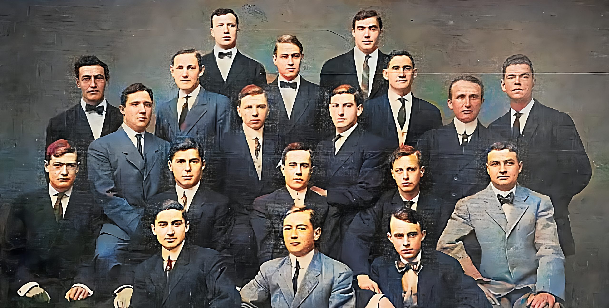 The Phi Gamma Delta fraternity chapter at Stanford University, 1910. Edmund Hedemann, standing in the second-to-last row, center, was a member during his time at Stanford. He graduated with the Class of 1912 with a degree in economics. Born and raised in Honolulu, Hedemann’s time at Stanford formed part of his path from Hawaiʻi to service in World War I.