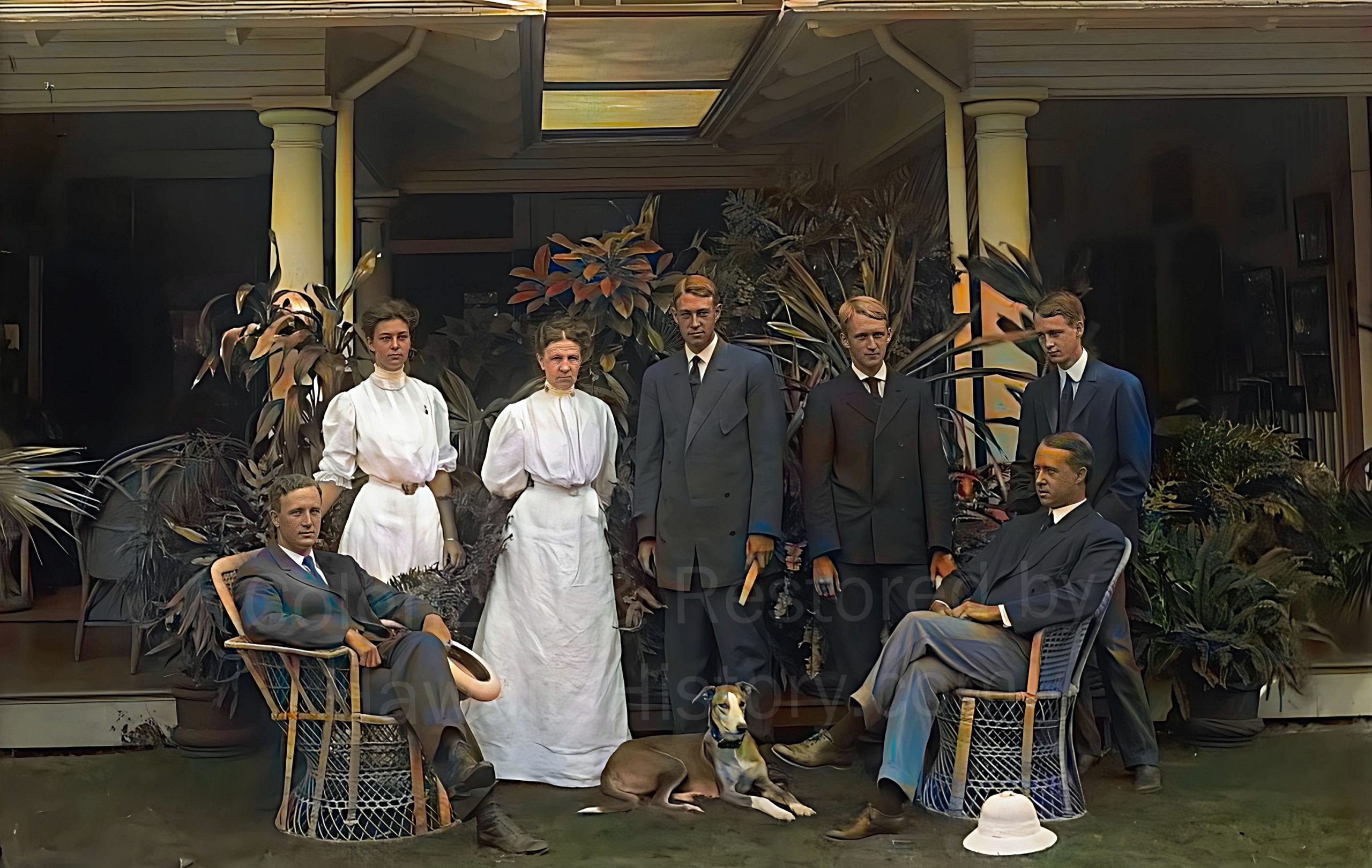 The Hedemann family at their Nuʻuanu home, circa early 1900s. Edmund Hedemann stands third from right. Colorized & Restored by Hawaii's History.